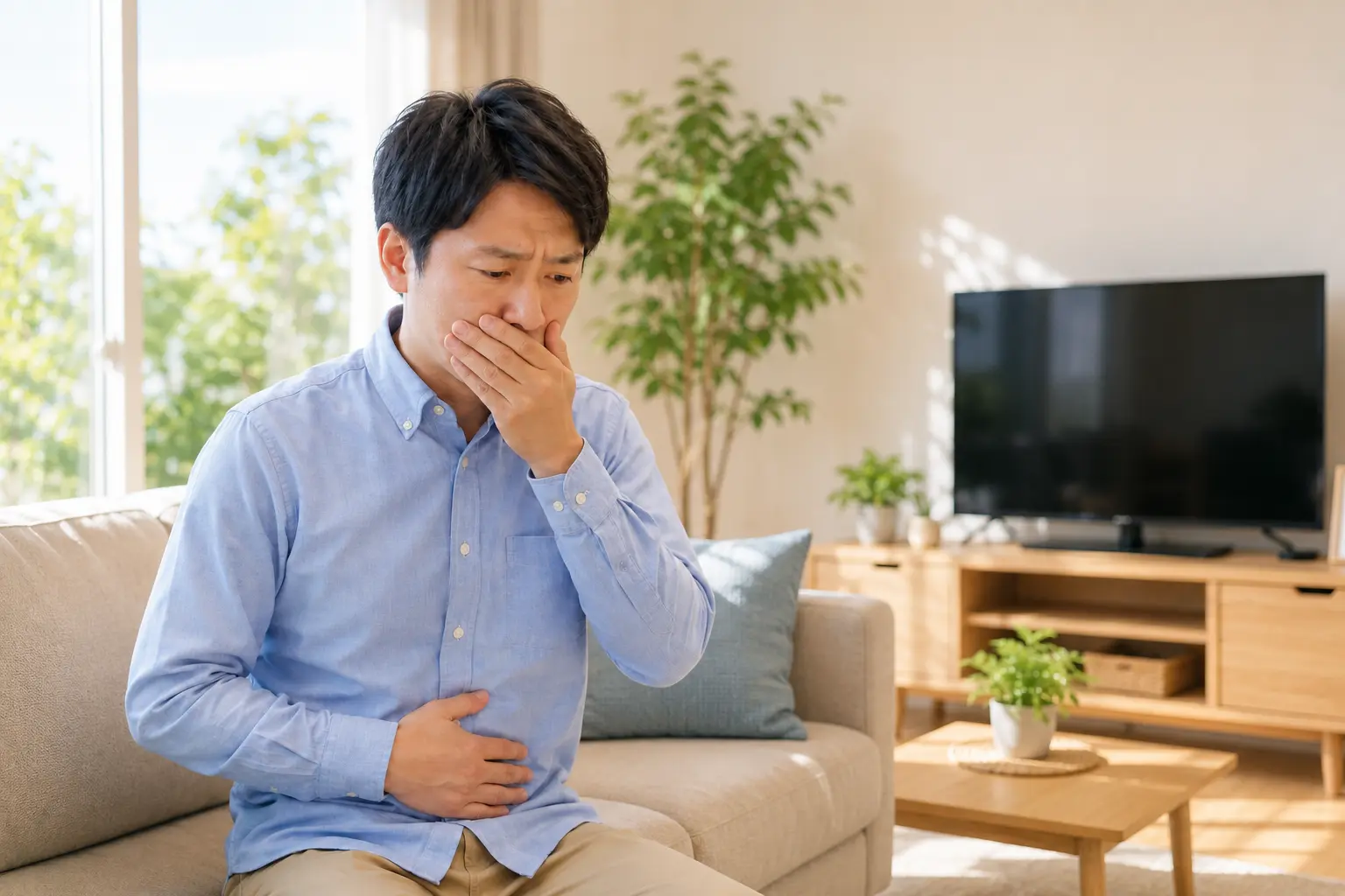 吐き気とおなかの不調を感じている40代の男性