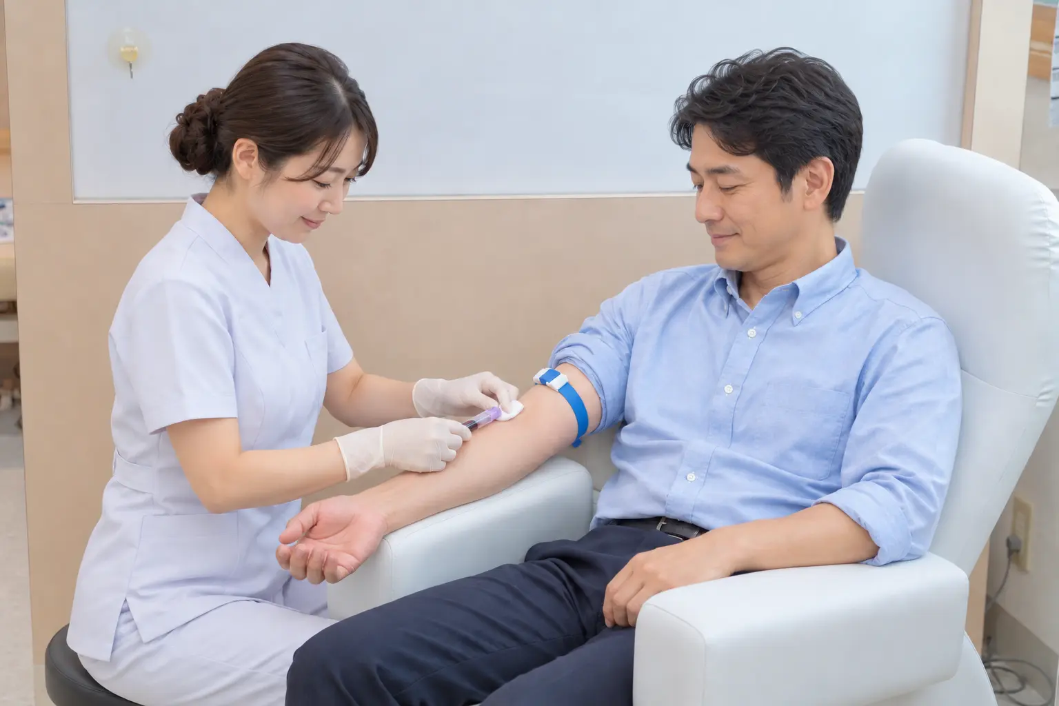 看護師が男性の腕から採血する様子