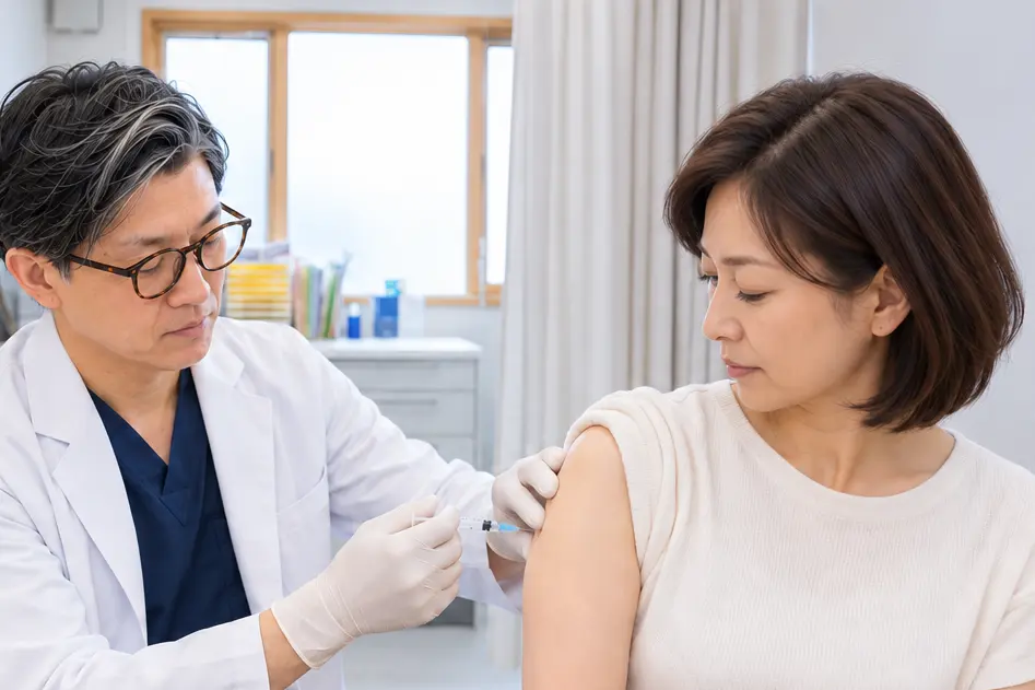 女性が医師から予防接種を受ける様子